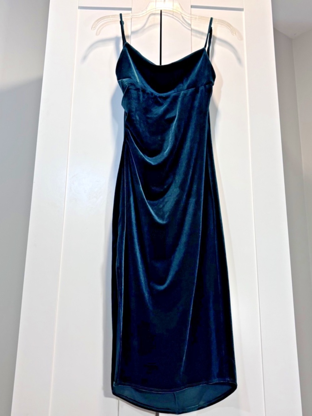 LUSH green velvet midi dress with draping, adjustable spaghetti straps women's M